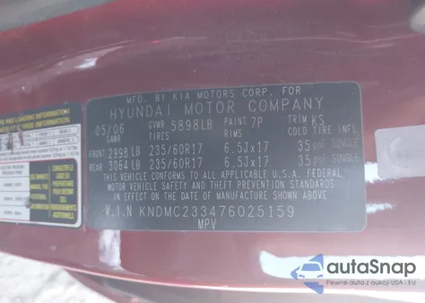 2007 Hyundai Entourage Gls/Limited/Se z USA, uszkodzony, nr VIN KNDMC233476025159